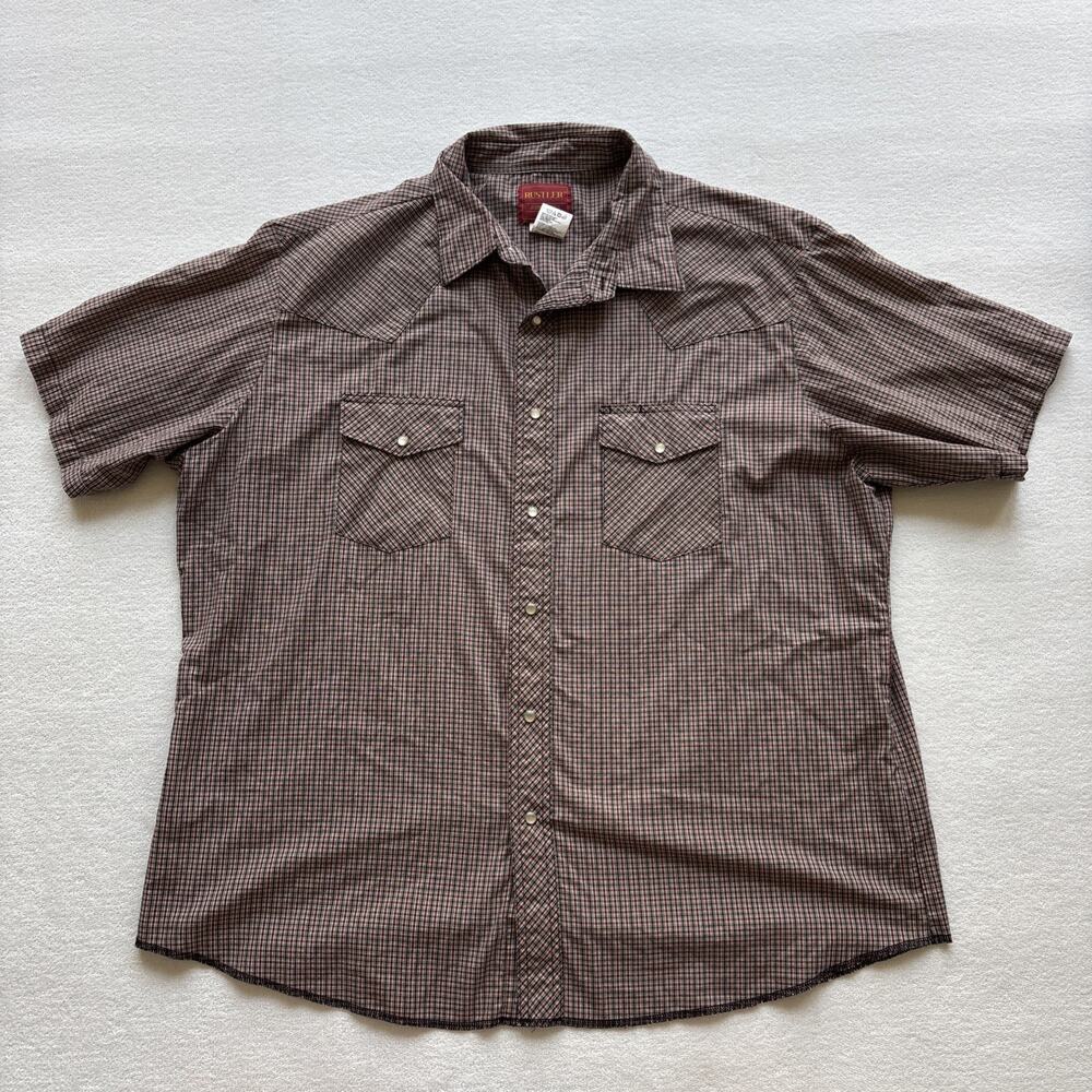 Rustler‎ Western Pearl Snap Shirt Mens XXL Brown Plaid Excellent Short Sleeve